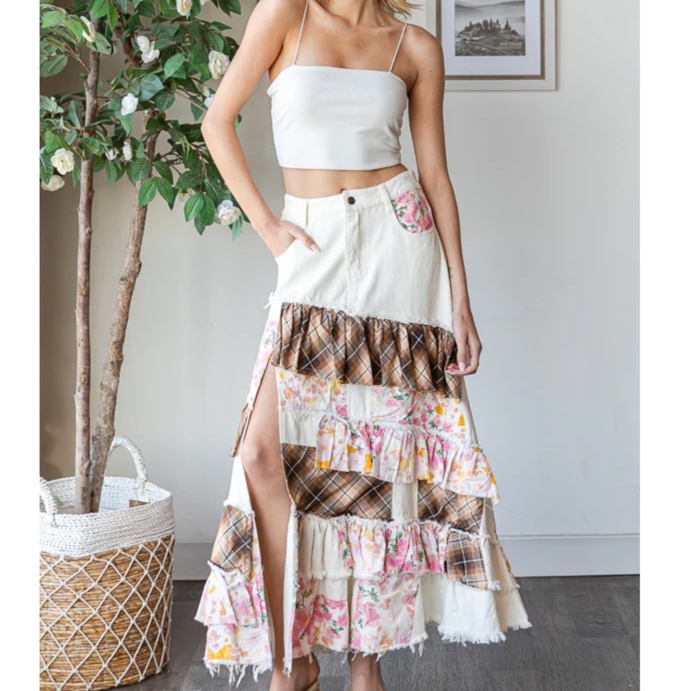 Oli & Hali Cream Patchwork Maxi Skirt with Floral & Plaid Ruffles - Picture 1 of 7